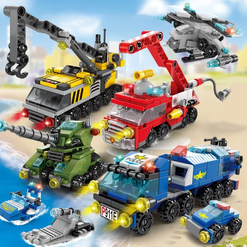 Claw Crane Machine - City Fire Car Building Blocks สําหรับเด็ก,รถบรรทุกตํารวจ,วิศวกรรมเครน,ถัง,เฮลิคอปเตอร์อิฐชุดของเล่นสําหรับเด็ก,6in